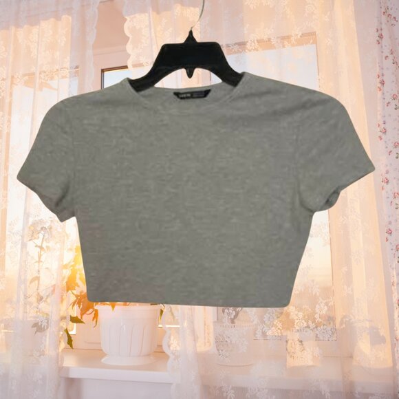 Shein Grey Ribbed Short Sleeve Crop Top Size Small - Picture 2 of 8